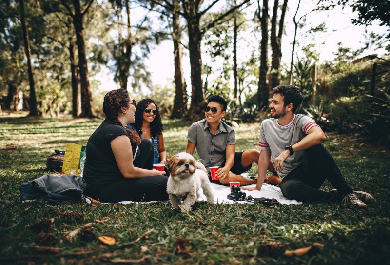 Menschengruppe auf Picknickdecke