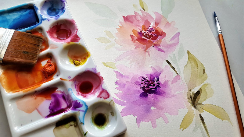 Aquarellpinsel mit Zeichnung und Farbverlauf