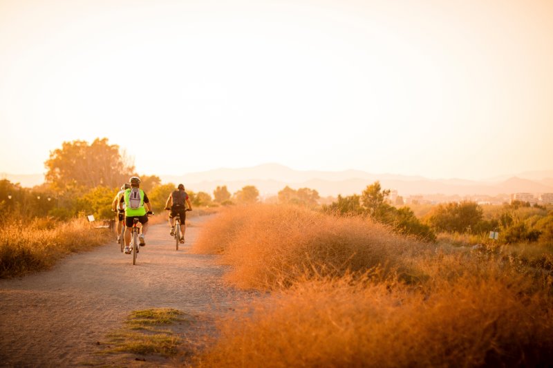 Fahrradtour mit der Familie im Sonnenuntergang