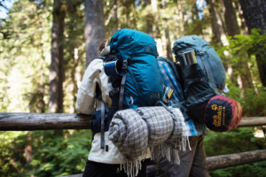 Zwei Backpacker mit Rucksack von hinten