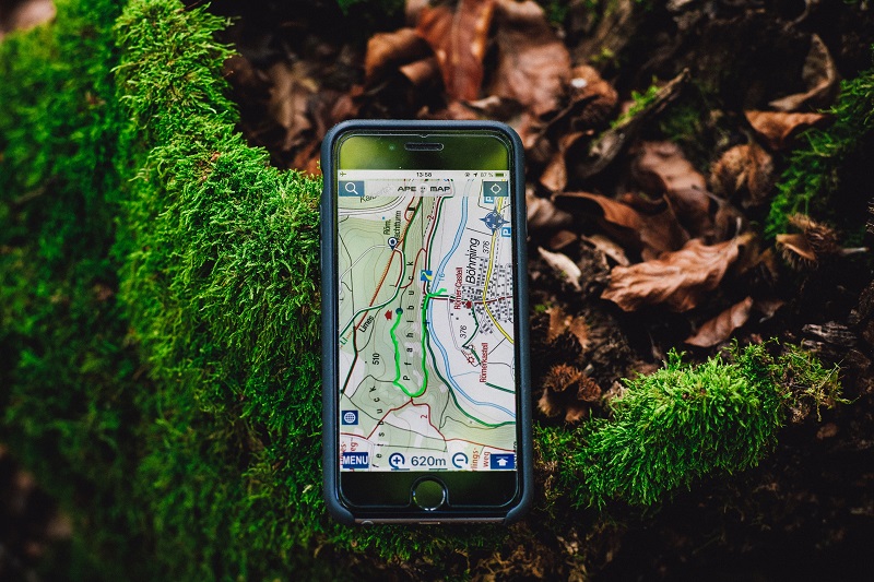 Smartphone mit Navigationsapp im Wald