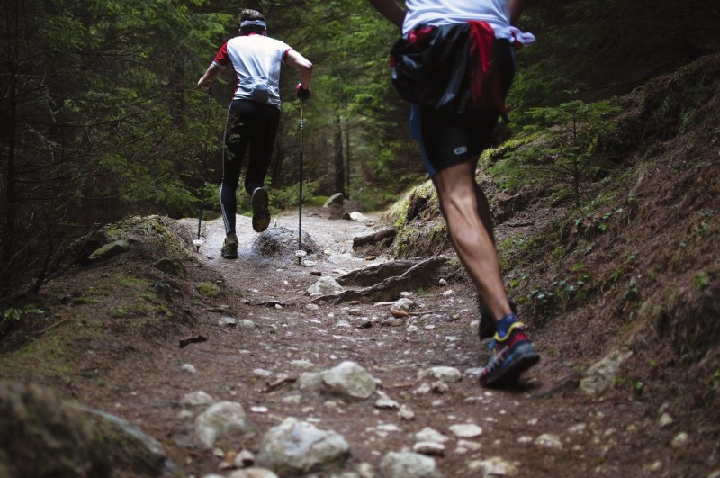 zwei Trailrunner mit Stöcken