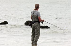 Mann mit Neopren Wathose angelt am Wasser