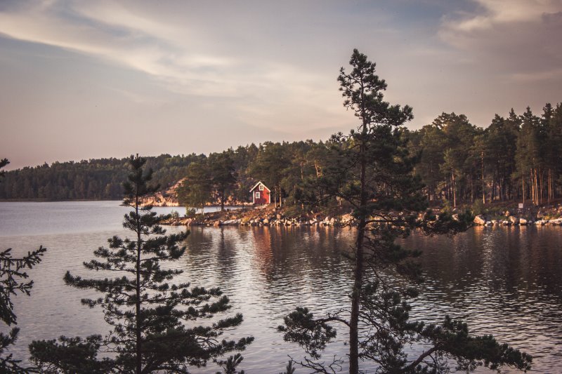 Schwedenhaus am Wasser und von Bäumen umgeben