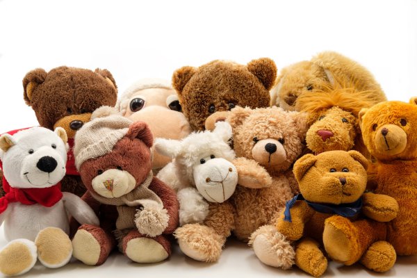 Mehrere Kuscheltiere: Teddybären, Schaf, Löwe und weitere