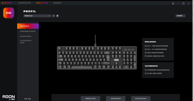 Screenshots der Anpassungssoftware für Gaming-Tastatur.